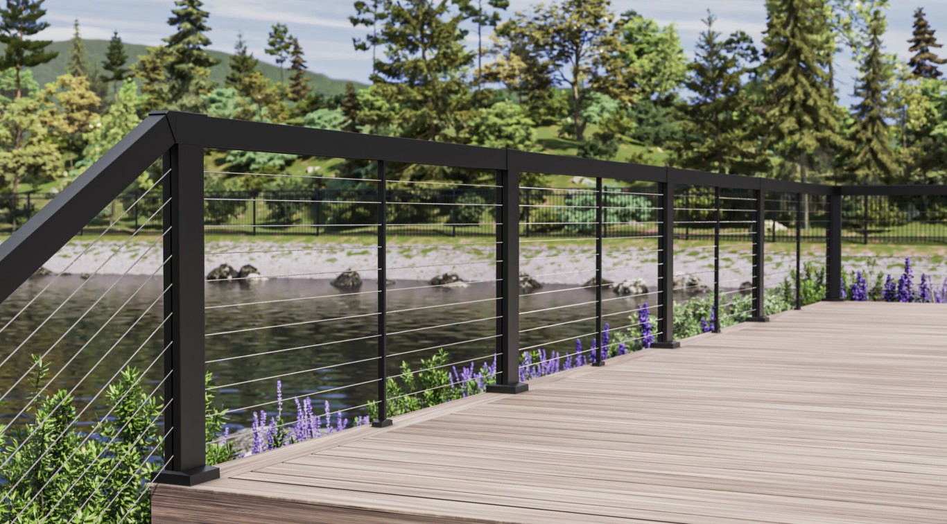 Long-lasting deck installation with modern cable railings and scenic view